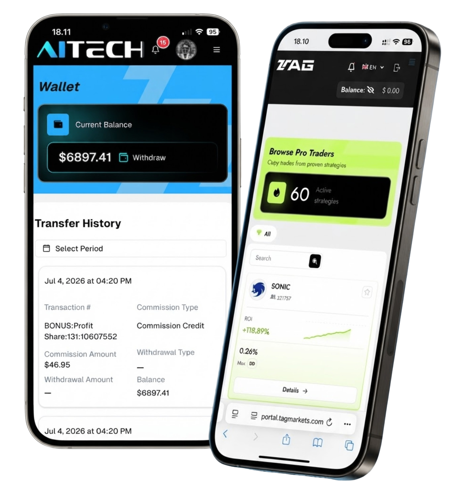 AITECH & Tag Markets mobile trading dashboards showing Sonic AI
